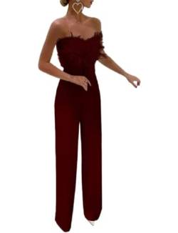 Damen Sexy schulterfreier Feder-Overall mit weitem Bein, einteiliger langer Overall, elegante Outfits, Party, Cocktail, Clubwear (Wine Red, Small) von RTGSE