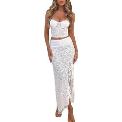 Damen Sommer 2 -Stück -Rock -Set Spitze Crop Tops mit hoher Taille Bodycon Minirock 2Pcs Rock Set Y2K 90er Streetwear (Long White Set, S) von RTGSE