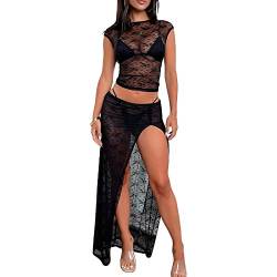 Damen Sommer 2 -Stück -Rock -Set Spitze Crop Tops mit hoher Taille Bodycon Minirock 2pcs Rock Set Y2K 90S Streetwear (Lace Black C, S) von RTGSE