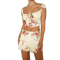 Damen Sommer 2 -Stück -Rock -Set Spitze Crop Tops mit hoher Taille Bodycon Minirock 2pcs Rock Set Y2K 90S Streetwear (V Beige Floral, S) von RTGSE