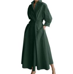 Damen Vintage Hemd Kleid Langarm Knopf elastische Taille Langes Kleid elegant locker Fit Swing Maxikleid mit Taschen (A-Dark Green, L) von RTGSE