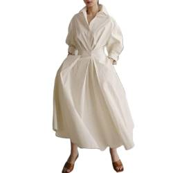 Damen Vintage Hemd Kleid Langarm Knopf elastische Taille Langes Kleid elegant locker Fit Swing Maxikleid mit Taschen (Beige, L) von RTGSE