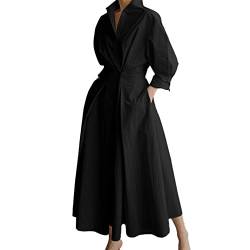 Damen Vintage Hemd Kleid Langarm Knopf elastische Taille Langes Kleid elegant locker Fit Swing Maxikleid mit Taschen (Black, L) von RTGSE