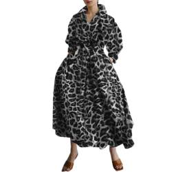 Damen Vintage Hemd Kleid Langarm Knopf elastische Taille Langes Kleid elegant locker Fit Swing Maxikleid mit Taschen (Leopard Black, M) von RTGSE