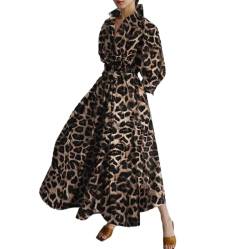 Damen Vintage Hemd Kleid Langarm Knopf elastische Taille Langes Kleid elegant locker Fit Swing Maxikleid mit Taschen (Leopard Coffee, S) von RTGSE