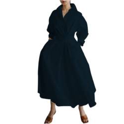 Damen Vintage Hemd Kleid Langarm Knopf elastische Taille Langes Kleid elegant locker Fit Swing Maxikleid mit Taschen (Navy, L) von RTGSE