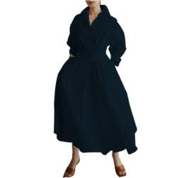 Damen Vintage Hemd Kleid Langarm Knopf elastische Taille Langes Kleid elegant locker Fit Swing Maxikleid mit Taschen (Navy, M) von RTGSE