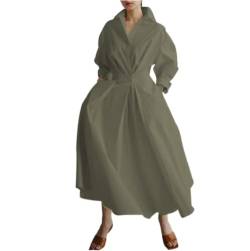 Damen Vintage Hemd Kleid Langarm Knopf elastische Taille Langes Kleid elegant locker Fit Swing Maxikleid mit Taschen (PEA Green, XXL) von RTGSE