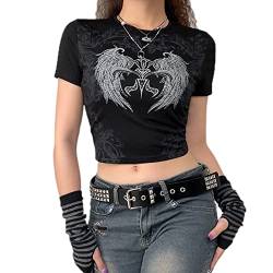 Damen Y2K Crop Tops Gothic Punk Tanktops Slim Fit Harajuku Grafikdruck T-Shirt T-Shirt Sommer 90er Streetwear (Black Wings, Medium) von RTGSE