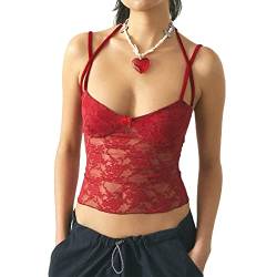 Damen Y2K Neckholder Neck Crop Tops Sommer V-Ausschnitt Weste Tops Spaghetti-Riemen Binden Sie Rückenlose Tanktops E-Girl Streetwear (A Red 2, L) von RTGSE