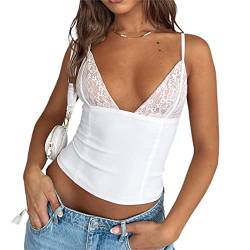 Damen Y2K Neckholder Neck Crop Tops Sommer V-Ausschnitt Weste Tops Spaghetti-Riemen Binden Sie Rückenlose Tanktops E-Girl Streetwear (B White, S) von RTGSE