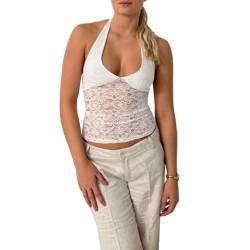 Damen Y2K Neckholder Neck Crop Tops Sommer V-Ausschnitt Weste Tops Spaghetti-Riemen Binden Sie Rückenlose Tanktops E-Girl Streetwear (F White 2, M) von RTGSE