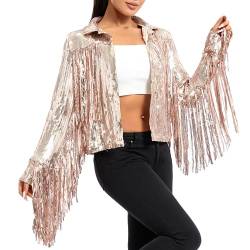 Damen glitzernde Paillist Jacke glänzende Glitzer Quasten Fringe Jacket Schimmer Revers Jacke Couch Cowgirl 90S Streetwear (Champagne, 3XL) von RTGSE