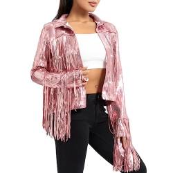 Damen glitzernde Paillist Jacke glänzende Glitzer Quasten Fringe Jacket Schimmer Revers Jacke Couch Cowgirl 90S Streetwear (Rose, 3XL) von RTGSE