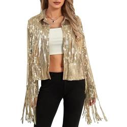 Damen glitzernde Paillist Jacke glänzende Glitzer Quasten Fringe Jacket Schimmer Revers Jacke Couch Cowgirl 90S Streetwear (Sequins Gold, L) von RTGSE