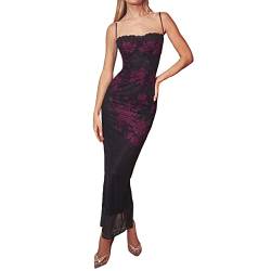 Frauen Mesh Print Spaghetti Strap Dress Y2K Ärmelloses Floral Printed Slit Maxikleid Vintage Clubwear Kleid 90er Streetwear (Wine Red, S) von RTGSE