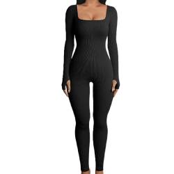 Frauen Sexy Strickoverall Langarm Streifen bedruckter Strampler mit Kragen, Figurbetonter einteiliger Bodysuit Playsuit Y2K Streetwear (A-Black Long Romper, S) von RTGSE