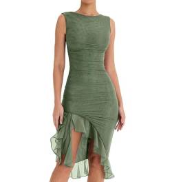 Frauen Sommer Feste Farbe Cami Kleid Glatte Satin Seide niedrig geschnittene Mini-Kleiderhülse A-Line One-Piece-Club Kurzkleid (Gray Green, L) von RTGSE