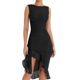 Frauen Sommer ärmellose Cami-Kleid mit niedrig geschnittenem Körperkleid Mini Kleid A-Line-Kleid Cocktail Party Club Skinny Kleid (Ruffles Black, L) von RTGSE