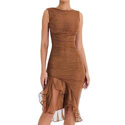 Frauen Sommer ärmellose Cami-Kleid mit niedrig geschnittenem Körperkleid Mini Kleid A-Line-Kleid Cocktail Party Club Skinny Kleid (Ruffles Brown, S) von RTGSE