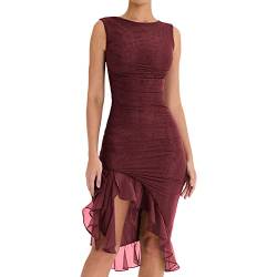 Frauen Sommer ärmellose Cami-Kleid mit niedrig geschnittenem Körperkleid Mini Kleid A-Line-Kleid Cocktail Party Club Skinny Kleid (Ruffles Wine, L) von RTGSE