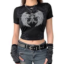 Frauen Y2K Graphic Print T-Shirt Gothic Punk Crop Top Casual Kurzarm Crop Tee Vintage Shirts Harajuku Streetwear (S-Gotische Flügel, L) von RTGSE