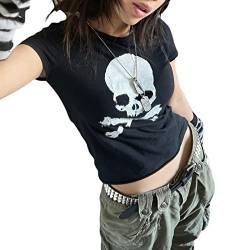 Frauen Y2K Graphic Print T-Shirt Gothic Punk Crop Top Casual Kurzarm Crop Tee Vintage Shirts Harajuku Streetwear (Schädel Schwarz, L) von RTGSE