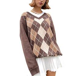 Frauen übergröße Langarm Pullover Strick Springer Argyle Plaid Crew Hals Pullover Y2K BF Stil Loose Vintage Sweatshirt (A-Brown, XL) von RTGSE