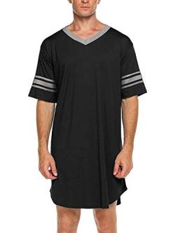 Herren Nachthemd Lange Pyjama Tops Nachtwäsche Hemd Nachtwäsche Bademäntel V-Ausschnitt Schlafhemd Langes Loose Fit Nachthemd (Black, X-Large) von RTGSE