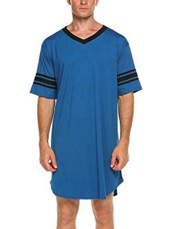 Herren Nachthemd Lange Pyjama Tops Nachtwäsche Hemd Nachtwäsche Bademäntel V-Ausschnitt Schlafhemd Langes Loose Fit Nachthemd (Blue, Large) von RTGSE