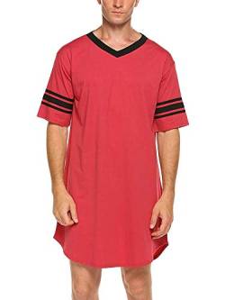 Herren Nachthemd Lange Pyjama Tops Nachtwäsche Hemd Nachtwäsche Bademäntel V-Ausschnitt Schlafhemd Langes Loose Fit Nachthemd (Red, X-Large) von RTGSE