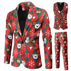 Herren Weihnachtsanzug Hässliche Weihnachtskostüm Anzug Jacke + Ärmellose Weste + Lange Hosen Hose 3 Stück Kleidung Sets für Party (H Red, XXL) von RTGSE