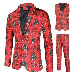 Herren Weihnachtsanzug Hässliche Weihnachtskostüm Anzug Jacke + Ärmellose Weste + Lange Hosen Hose 3 Stück Kleidung Sets für Party (Xmas Red 1, L) von RTGSE