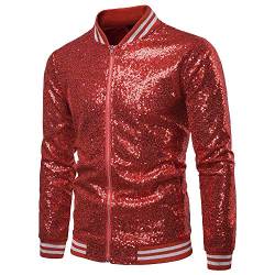 Paillettenjacke für Herren mit Reißverschluss, College-Baseball-Bomberjacke, glänzender, Leichter Mantel, Clubwear-Bomberjacke für die Bühne (Red, Medium) von RTGSE