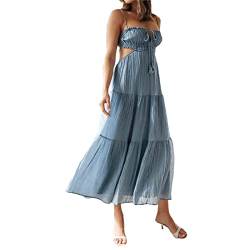 RTGSE Damen Bohemian Spaghetti Strap Midi Dress Y2K Ärmelloses Floral Printed Slit Maxikleid Vintage Clubwear Kleid 90s Streetwear (A Blue, L) von RTGSE