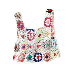 RTGSE Damen Häkelstricker Granny Square Tank Tops ärmellose Blumenstrick Crop Tops Vintage Strickwege Weste Tops 90s Streetwear (A White, One Size) von RTGSE