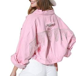 RTGSE Damen Kurzer Denim Radjacke Distressed zerrissener Quaste Fringe Saum Jacke geschnittene Jeanjacke 90er Cowgirl Streetwear (Pink, L) von RTGSE