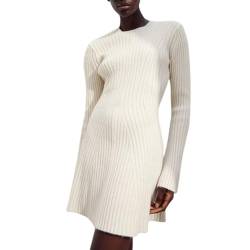 RTGSE Damen Langarm Rippstrick Pulloverkleid Elegante Crew Hals gerippte Strickkleid Mini Kleid Feste Farbe kurzer Kleid Streetwear (A White, M) von RTGSE
