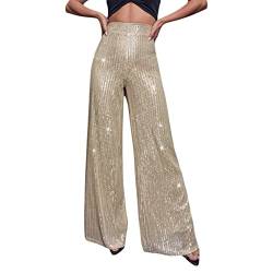 RTGSE Damen Pailletten Weitbeinhosen funkelnd glänzende elastische Taille Lose Fit Hosen Glitzer Glockenboden Leggings 90er Streetwear (T Champagne, L) von RTGSE