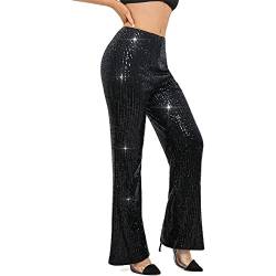 RTGSE Damen Pailletten Weitbeinhosen funkelnd glänzende elastische Taille Lose Fit Hosen Glitzer Glockenboden Leggings 90er Streetwear (V Black, L) von RTGSE