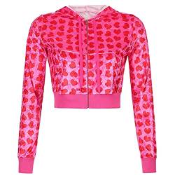 RTGSE Damen Reißverschluss Velvet Hoodies Cropped Heart Print Kapuzenpullover Sweatshirt süße rosa Kurzer Hoodie Mantel 90er Streetwear (A Pink, S) von RTGSE