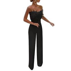 RTGSE Damen Sexy Schulterfreier Feder-Overall mit weitem Bein, einteiliger Langer Overall, Elegante Outfits, Party, Cocktail, Clubwear (Black, Small) von RTGSE