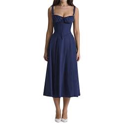 RTGSE Damen Sommer Spitze Langes Kleid ärmellose Boot Hals Korsett Bustier midi Kleid Hochzeit Cocktail Nacht aus fließendem Kleid (A Blue, L) von RTGSE