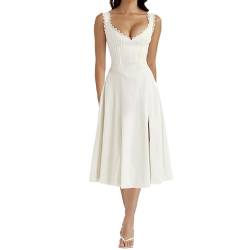 RTGSE Damen Sommer Spitze Langes Kleid ärmellose Boot Hals Korsett Bustier midi Kleid Hochzeit Cocktail Nacht aus fließendem Kleid (M White, L) von RTGSE