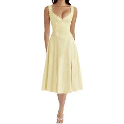 RTGSE Damen Sommer Spitze Langes Kleid ärmellose Boot Hals Korsett Bustier midi Kleid Hochzeit Cocktail Nacht aus fließendem Kleid (M Yellow, L) von RTGSE