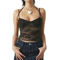 RTGSE Damen Y2K Neckholder Neck Crop Tops Sommer V-Ausschnitt Weste Tops Spaghetti-Riemen Binden Sie Rückenlose Tanktops E-Girl Streetwear (A Black 2, S) von RTGSE