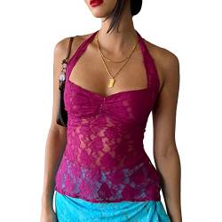 RTGSE Damen Y2K Neckholder Neck Crop Tops Sommer V-Ausschnitt Weste Tops Spaghetti-Riemen Binden Sie Rückenlose Tanktops E-Girl Streetwear (B Purple, M) von RTGSE