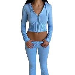RTGSE Damen Y2K Reißverschluss Up Strick Crop Hoodies Vintage Rib Strick -Kapuze -Sweatshirts mit Hose Kleidung Set 90er Streetwear (Blue, L) von RTGSE