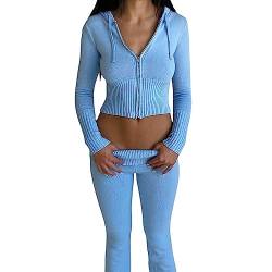 RTGSE Damen Y2K Reißverschluss Up Strick Crop Hoodies Vintage Rib Strick -Kapuze -Sweatshirts mit Hose Kleidung Set 90er Streetwear (Blue, S) von RTGSE