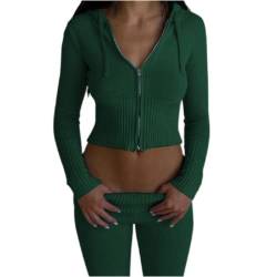 RTGSE Damen Y2K Reißverschluss Up Strick Crop Hoodies Vintage Rib Strick -Kapuze -Sweatshirts mit Hose Kleidung Set 90er Streetwear (Green, M) von RTGSE